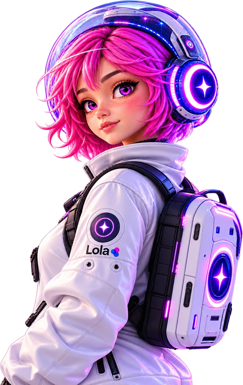 Lola, the AI growth operator, in her white space suit and glowing headset