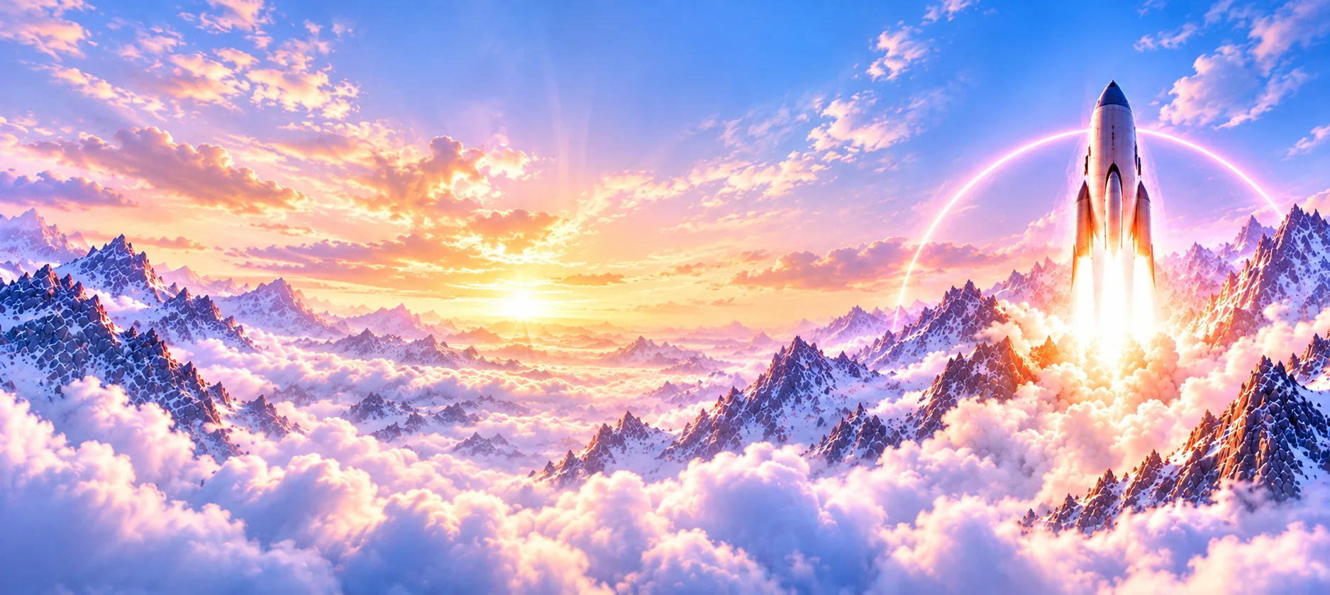 A rocket lifting off above the clouds and mountains at sunrise
